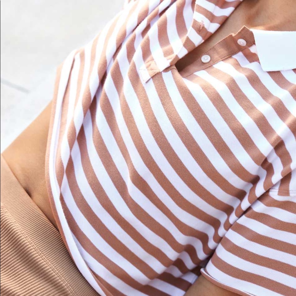 aerie White and Tan Striped Crop Polo Top